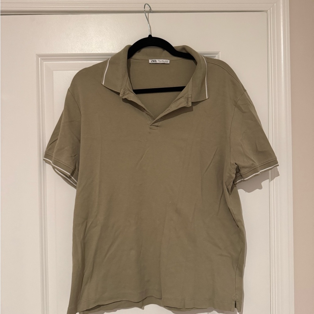 Zara Men's Khaki Polo Shirt with White Trim